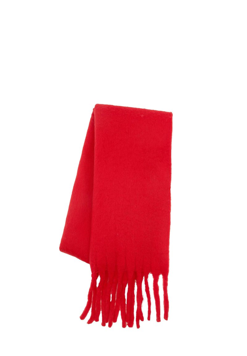 Eșarfă roșie din lână cu margini franjurate, textură moale și formă rectangulară. Nu sunt prezente modele sau accesorii.