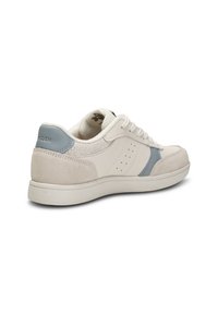 White low-top sneaker with light blue and beige suede accents, perforated side panels, and white laces, shown from rear side angle.