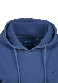 Blaues Kapuzensweatshirt aus weichem Stoff. Verfügt über einen Kordelzug, ein Logo auf der Brust und eine geräumige Kapuze. Glatte Textur mit einem lässigen Schnitt.