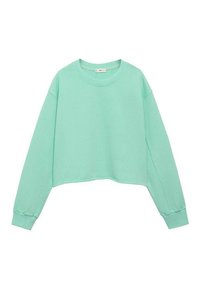 Sweatshirt corto verde menta con maniche lunghe, scollo rotondo e polsini a coste. Tessuto liscio senza loghi o fantasie visibili.