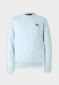 Felpa azzurro chiaro in tessuto morbido, con collo tondo e maniche lunghe. Presenta un piccolo logo bianco e nero sul petto.