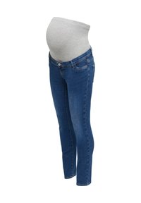 Jean de maternité bleu avec un panneau ventre extensible gris conçu pour le confort et le soutien pendant la grossesse, présenté sur fond blanc.