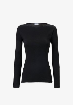 Maglietta nera a maniche lunghe realizzata in tessuto morbido, con collo a giro e taglio slim. Texture liscia senza motivi o dettagli visibili.