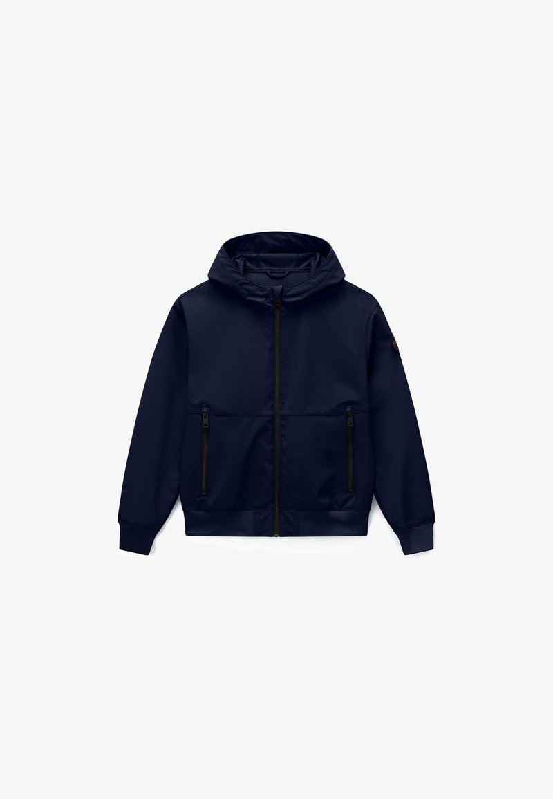 Μπουφάν σε ναυτικό μπλε με κουκούλα, φερμουάρ εμπρός και δύο πλαϊνές τσέπες με φερμουάρ, ριμπ μανσέτες και ύφασμα με σήμα στη αριστερή μανσέτα.