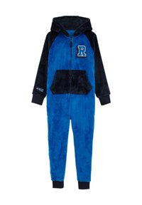 Blå och svart luvtröja i onepiece av mjukt, fluffigt tyg. Har dragkedja fram, en stor framficka och en dekorativ bokstav "R" på bröstet.