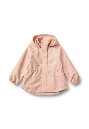 Impermeabile per bambini rosa chiaro con cappuccio, piccolo motivo floreale, polsini elastici e zip frontale coperta da una pattina.