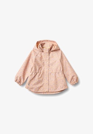 Pelerină de ploaie roz pal pentru copii, cu glugă, model floral mic, manșete elastice și fermoar frontal acoperit cu clapetă.