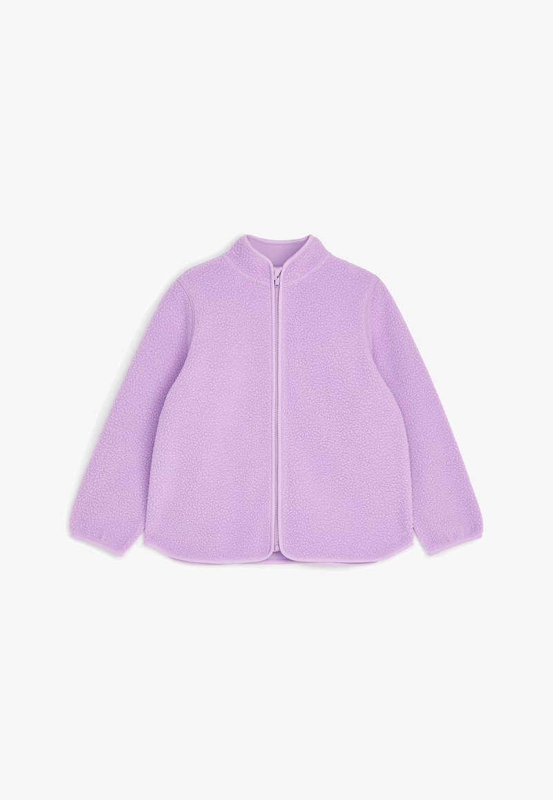 Veste en polaire couleur lilas avec manches longues, col montant et fermeture zippée devant sur fond blanc.