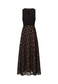 Schwarzes Kleid mit tailliertem Oberteil und schwingendem Rock, aus durchscheinendem Stoff mit geometrischem schwarzen Muster und V-Ausschnitt.
