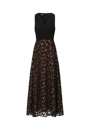 Abito nero con un corpino aderente e una gonna fluida, realizzato in tessuto trasparente con un motivo geometrico nero e scollatura a V.