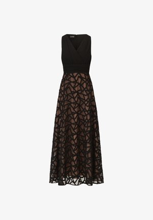 Black dress with a fitted bodice and flowing skirt, made from sheer fabric featuring a geometric black pattern and a v-neckline.