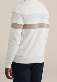 Sweat-shirt à col ras du cou gris clair avec des rayures horizontales en gris, beige et marron. Confectionné en mélange de coton doux, avec des poignets et un ourlet côtelés.