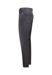Jeans de denim gris oscuro con corte ajustado, que presentan un diseño clásico de cinco bolsillos y un sutil detalle de costura en los bolsillos traseros.