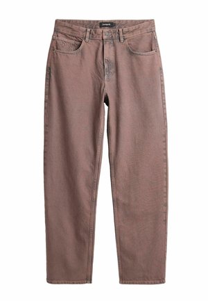 Straight-leg brown denim jeans with belt loops, front pockets, button closure, and visible stitching, laid flat on a white background.