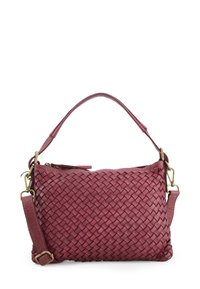 Woven leather handbag in deep burgundy with a zip closure, two straps (one short, one adjustable), and a textured surface.