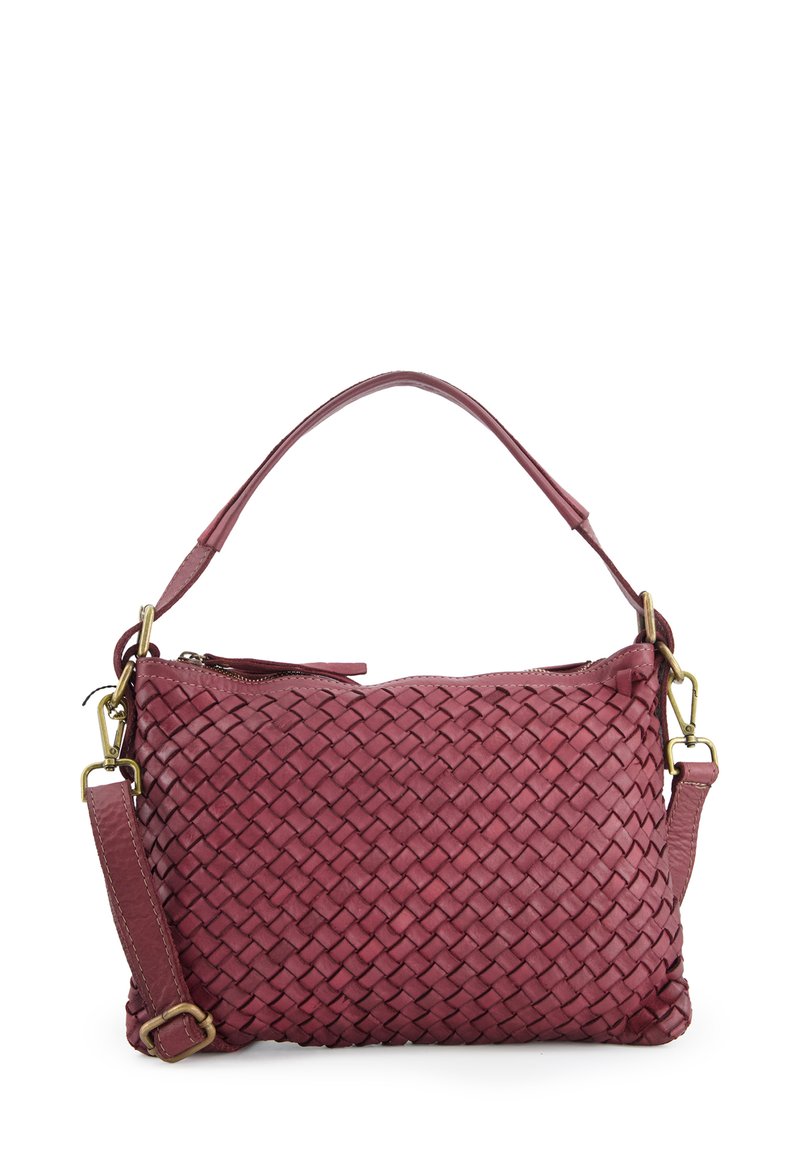 Woven leather handbag in deep burgundy with a zip closure, two straps (one short, one adjustable), and a textured surface.
