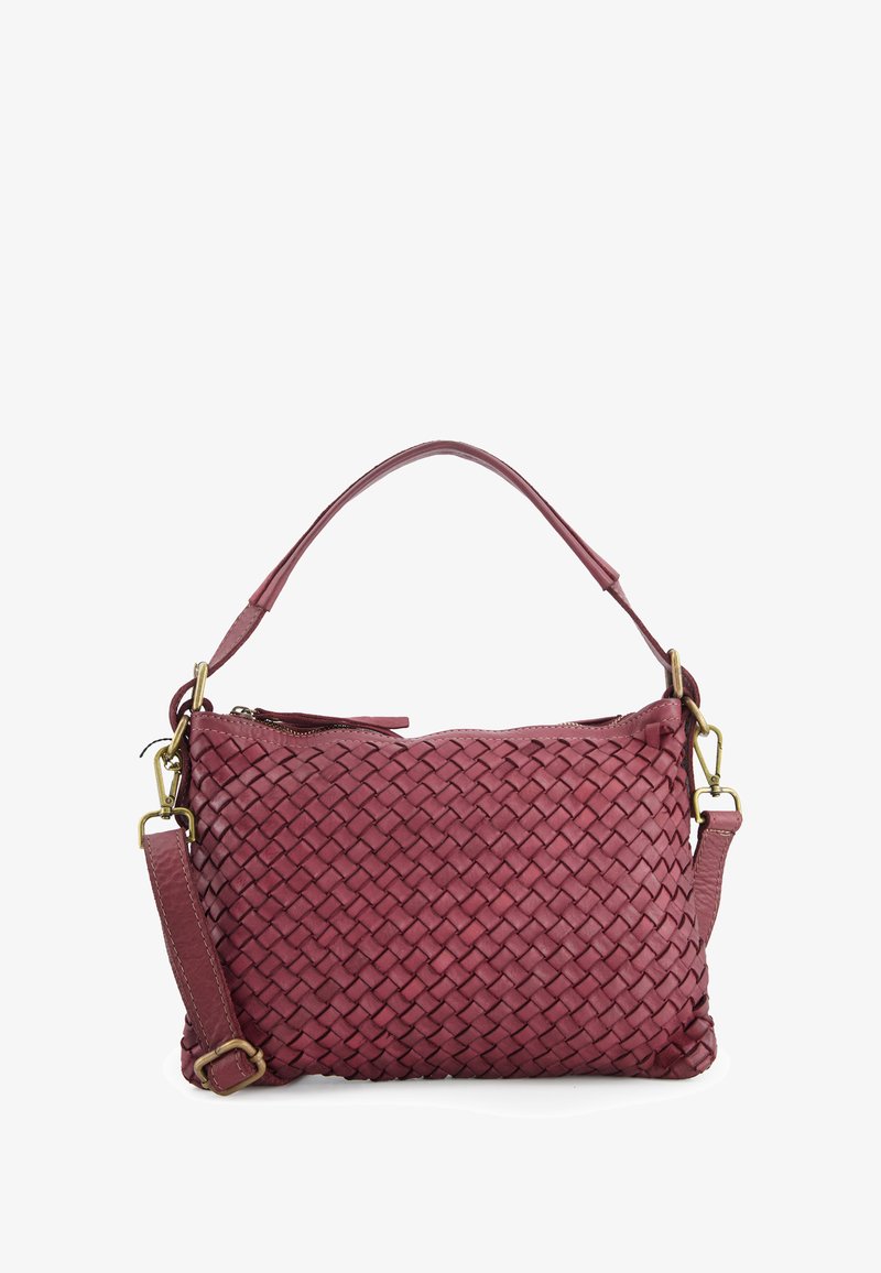 Woven leather handbag in deep burgundy with a zip closure, two straps (one short, one adjustable), and a textured surface.