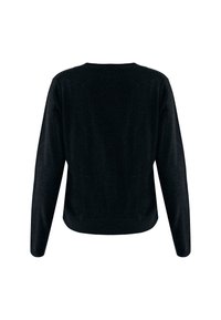 Maglione nero con un design semplice, dotato di maniche lunghe, scollo rotondo e orlo a coste. Texture liscia, senza motivi o decorazioni visibili.