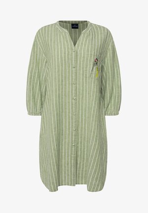 Groen gestreepte blouse jurk met een v-hals, lange pofmouwen en een zak met kleurrijke geborduurde details. Gemaakt van lichtgewicht stof.