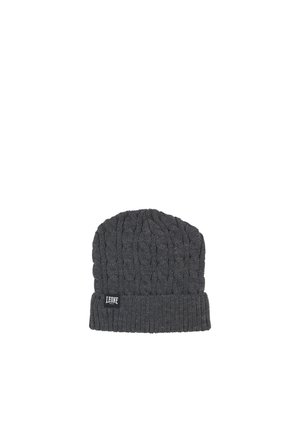 Bonnet gris foncé en maille torsadée, avec un revers côtelé et un petit écusson portant le logo Leone, sur fond blanc.