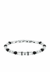 Silver-färgad armband med svarta gummidetaljer, släta rundade länkar och en central metalldel med logotypdetalj.