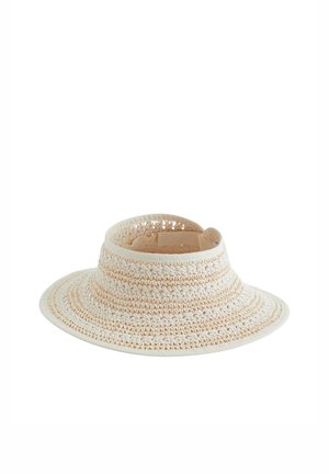 Beżowo-biała pleciona daszka słonecznego z szerokim rondem i regulowanym tylnym paskiem.