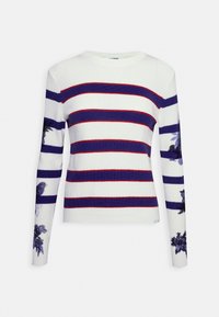 White knitted sweater with navy and red stripes, featuring floral patterns on sleeves. Round neckline and ribbed cuffs and hem.