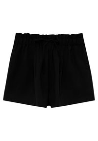 Pantalones cortos negros hechos de una tela ligera, con una cintura elástica y cordón ajustable, y un corte holgado para mayor comodidad.