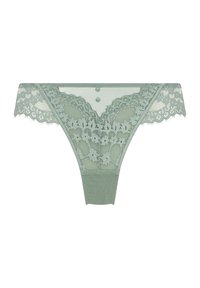 Lace string in lichtgroen, met bloempatronen, doorschijnende meshstof, gegolfde randen en knoopaccenten bij de tailleband.