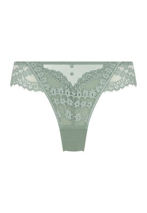 Lace string in lichtgroen, met bloempatronen, doorschijnende meshstof, gegolfde randen en knoopaccenten bij de tailleband.