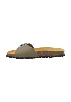 Single olive green slide sandal with cork footbed, wide adjustable strap, and textured black rubber sole.