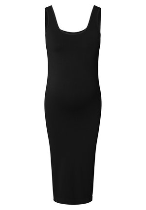 Zwart geribbeld zwangerschapsjurk met een fitted vorm, brede schouderbanden en een knielange snit. Glad textuur met een ronde halslijn.