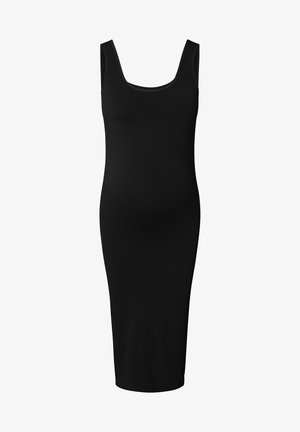 Robe de maternité noire à rayures, présentant une coupe ajustée, des bretelles larges et une longueur au genou. Texture lisse avec un décolleté arrondi.