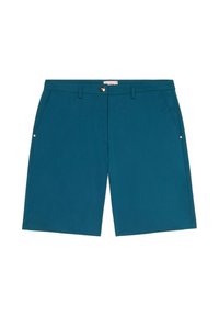 Shorts turquoise avec un devant plat, des passants de ceinture, deux poches latérales, une poche arrière et une fermeture par un bouton unique. Texture de tissu lisse.