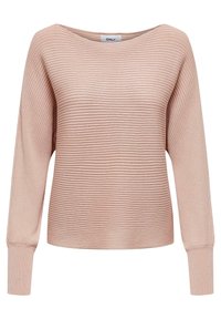 Top de manga larga rosa claro con textura acanalada y un escote amplio. Diseño sencillo con puños ajustados y dobladillo recto.