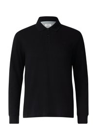 Schwarzes Langarm-Polohemd aus weichem Stoff mit klassischem Kragen, drei Knöpfen und gerippten Bündchen. Dezentes Logo auf der Brust.