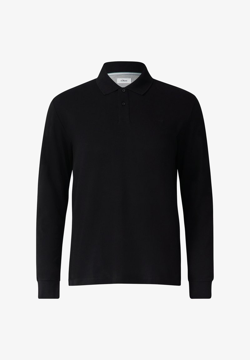 Zwarte poloshirt met lange mouwen van zachte stof, met een klassieke kraag, drie knopen en geribde manchetten. Subtiel logo op de borst.