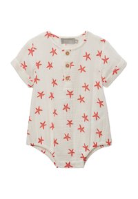Bodysuit en coton léger avec un fond blanc et un imprimé d'étoiles de mer rouges. Doté de manches retroussées et de boutons en bois à l'avant.