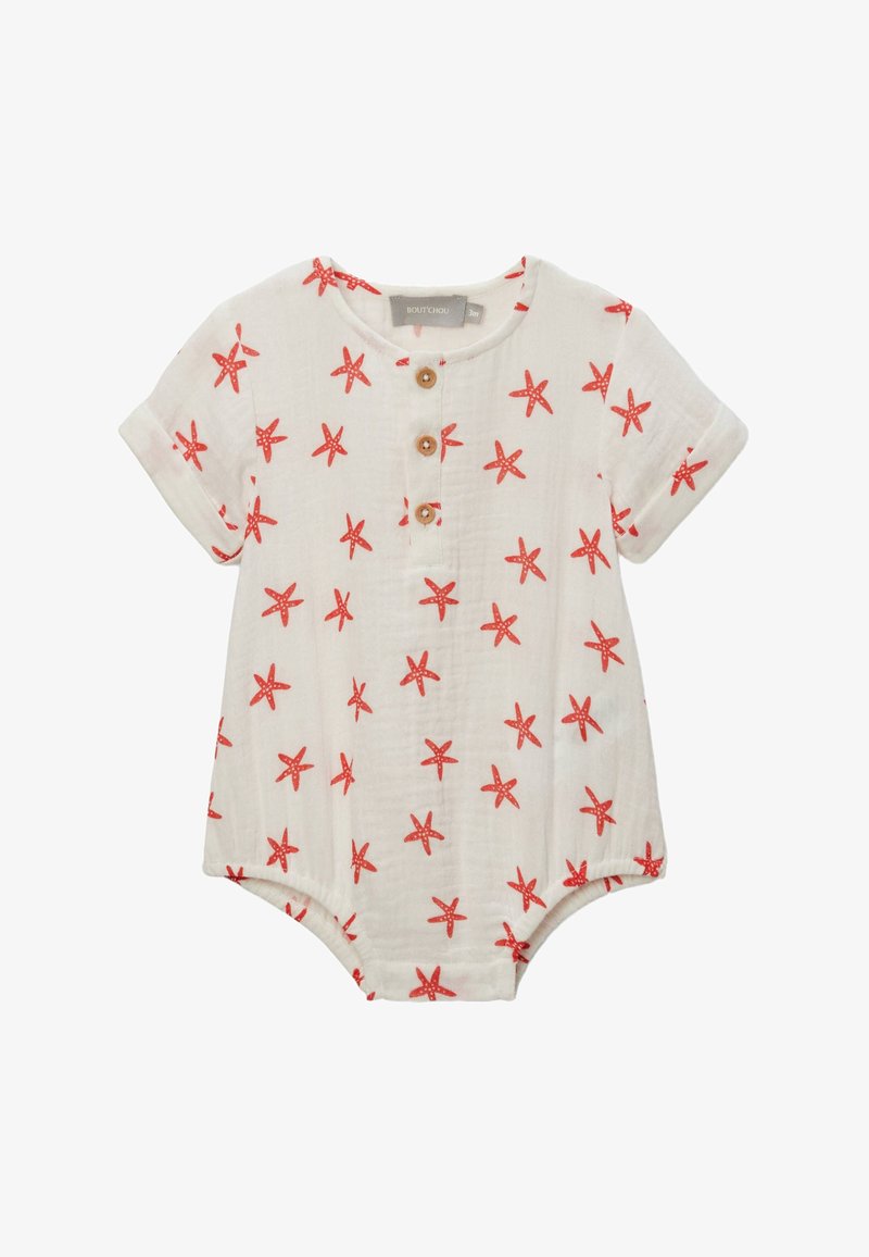 Bodysuit en coton léger avec un fond blanc et un imprimé d'étoiles de mer rouges. Doté de manches retroussées et de boutons en bois à l'avant.