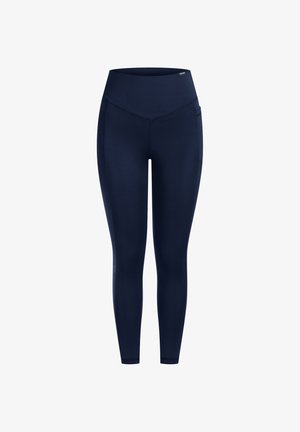 Marineblaue Sportleggings mit hohem Bund, aus dehnbarem Material, mit glatter Textur und seitlicher Taschenauflage.