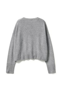 Szary, krótki sweter z prążkowanym wykończeniem u dołu i na mankietach, wykonany z miękkiego materiału, z okrągłym dekoltem i luźnym krojem.