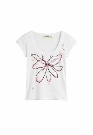 Weißes kurzärmliges Top mit U-Ausschnitt, großem pinken und schwarz umrandetem Blumendesign und kleinen Sternakzenten, "Desigual"-Schriftzug auf einem Blütenblatt.