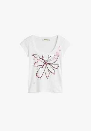 Weißes kurzärmliges Top mit U-Ausschnitt, großem pinken und schwarz umrandetem Blumendesign und kleinen Sternakzenten, "Desigual"-Schriftzug auf einem Blütenblatt.