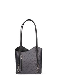 Sac fourre-tout noir texturé avec un compartiment zippé, des doubles poignées et un haut incurvé ; présente un motif gravé subtil.