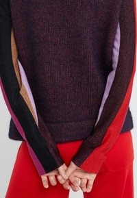 Maglione lavorato a maglia con corpo di colore viola scuro e maniche a righe multicolori in nero, rosso, rosa e oro. Texture morbida, con scollo a girocollo.