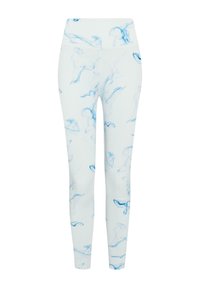 Hvite leggingser med et blått abstrakt røykmønster. Laget av elastisk materiale, med høy midje og en tettsittende silhuett.