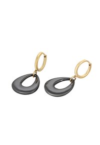 Zlaté kruhové náušnice s predĺženými, tmavošedými, lesklými živicovými kvapkami, ktoré majú oválny výrez v strede pre zvýraznenie dizajnového detailu.