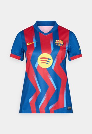 FC Barcelonan pelipaita, jossa on sininen pohja ja punaiset pystysuorat raidat, keltainen Nike-logo ja keskellä suuri Spotify-piirikaava.