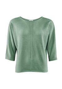 Hellgrünes, strukturiertes Strickoberteil mit Drei-Viertel-Ärmeln, lockerer Passform, weitem Ausschnitt und einem einfachen, nahtlosen Design.