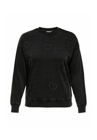 Svart sweatshirt i mjukt material, med silverfärgade nitar i form av hjärtan utspridda över framsidan. Rundhals och ribbade ärmmuddar.